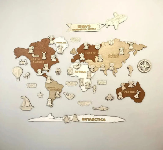 Personalised Wooden World Map with Animals - Pixel Burn Custom Laser Creations