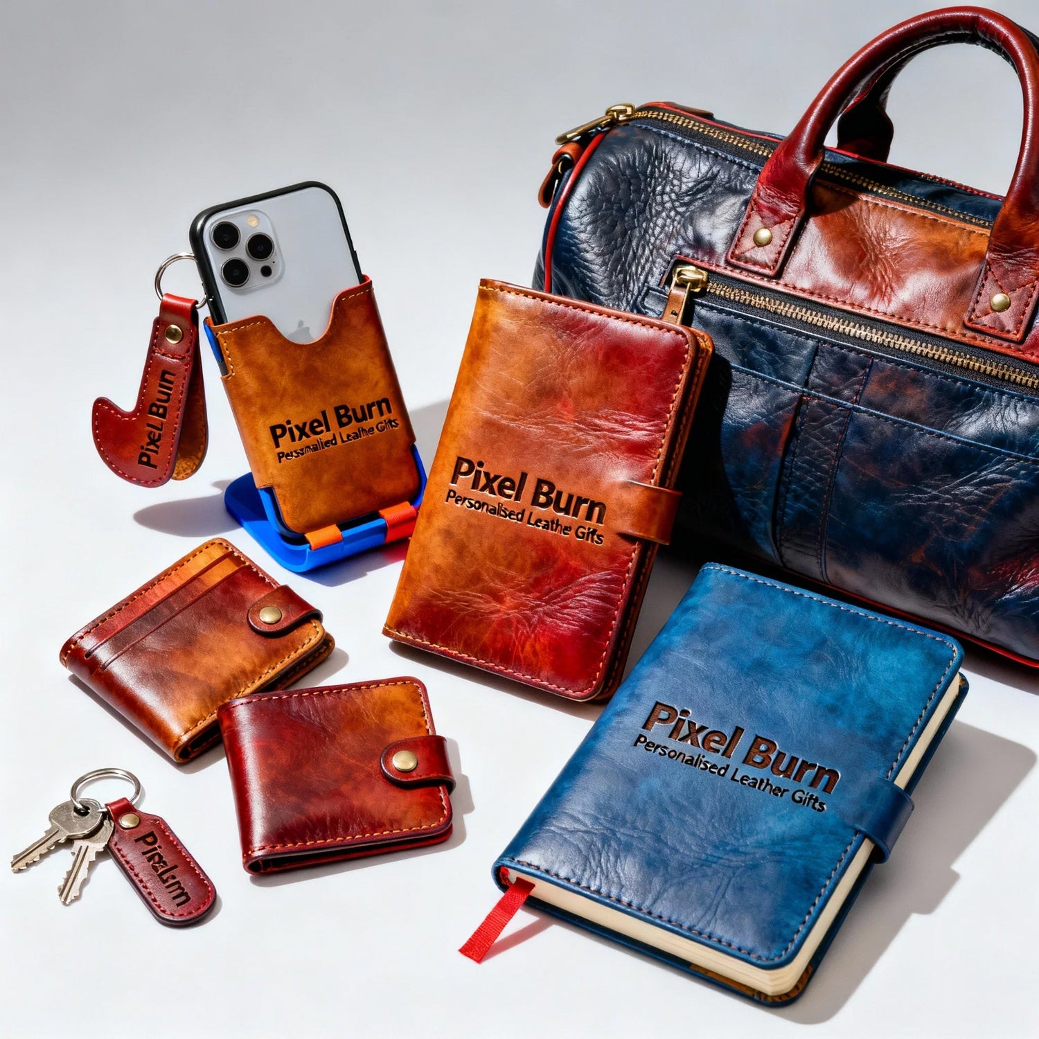 Personalized leather gifts set including wallets, journals, phone case, bag, keychains by Pixel Burn
