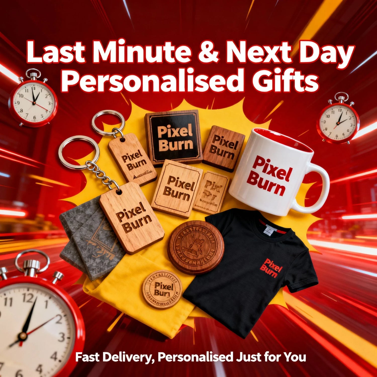 Pixel Burn logo with a laser engraver graphic and text custom laser creations on a dark background