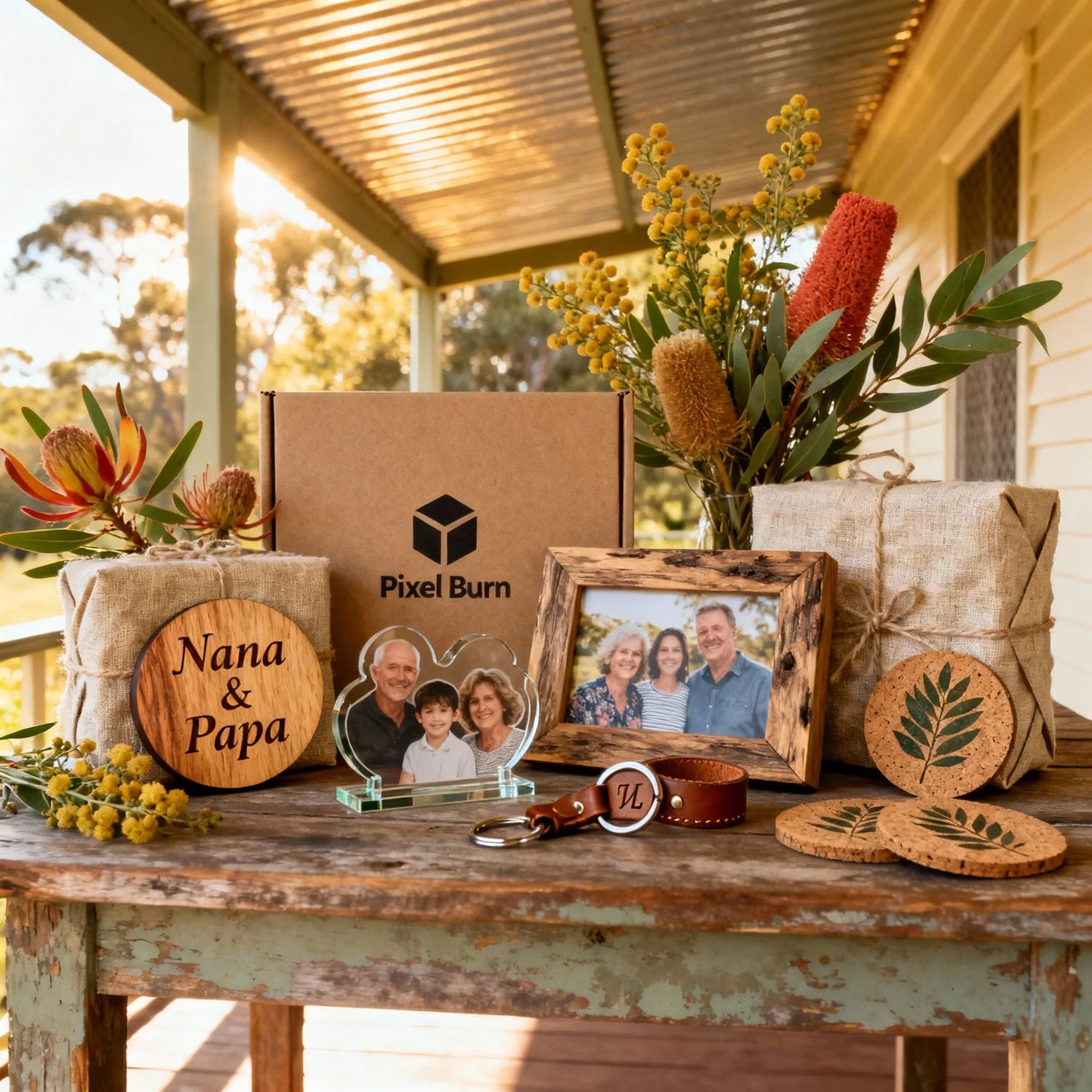 Personalized family photo gifts and decor on rustic porch table with flowers and Pixel Burn box