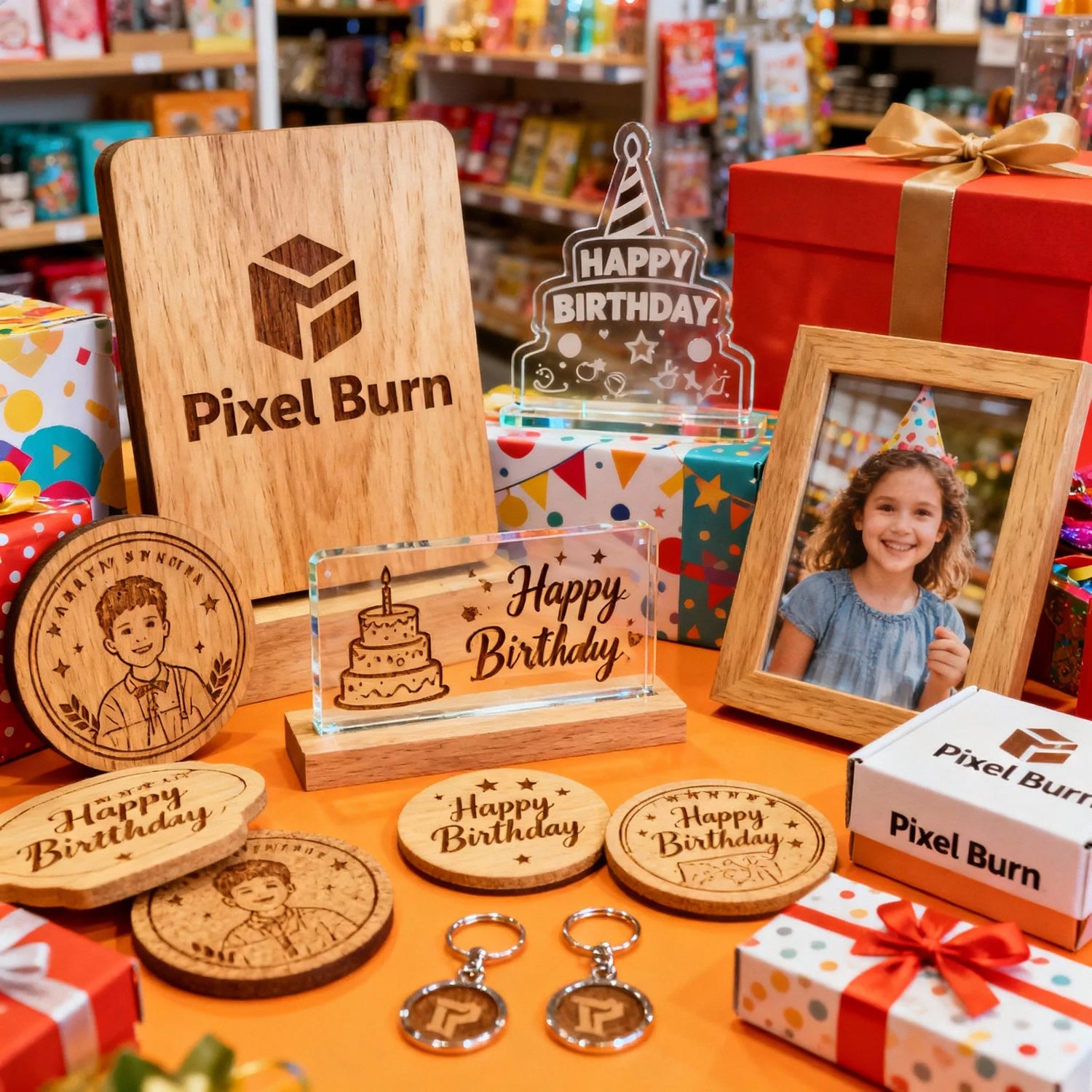 Personalized birthday gifts including wooden coasters, photo frame, Pixel Burn sign, and gift boxes