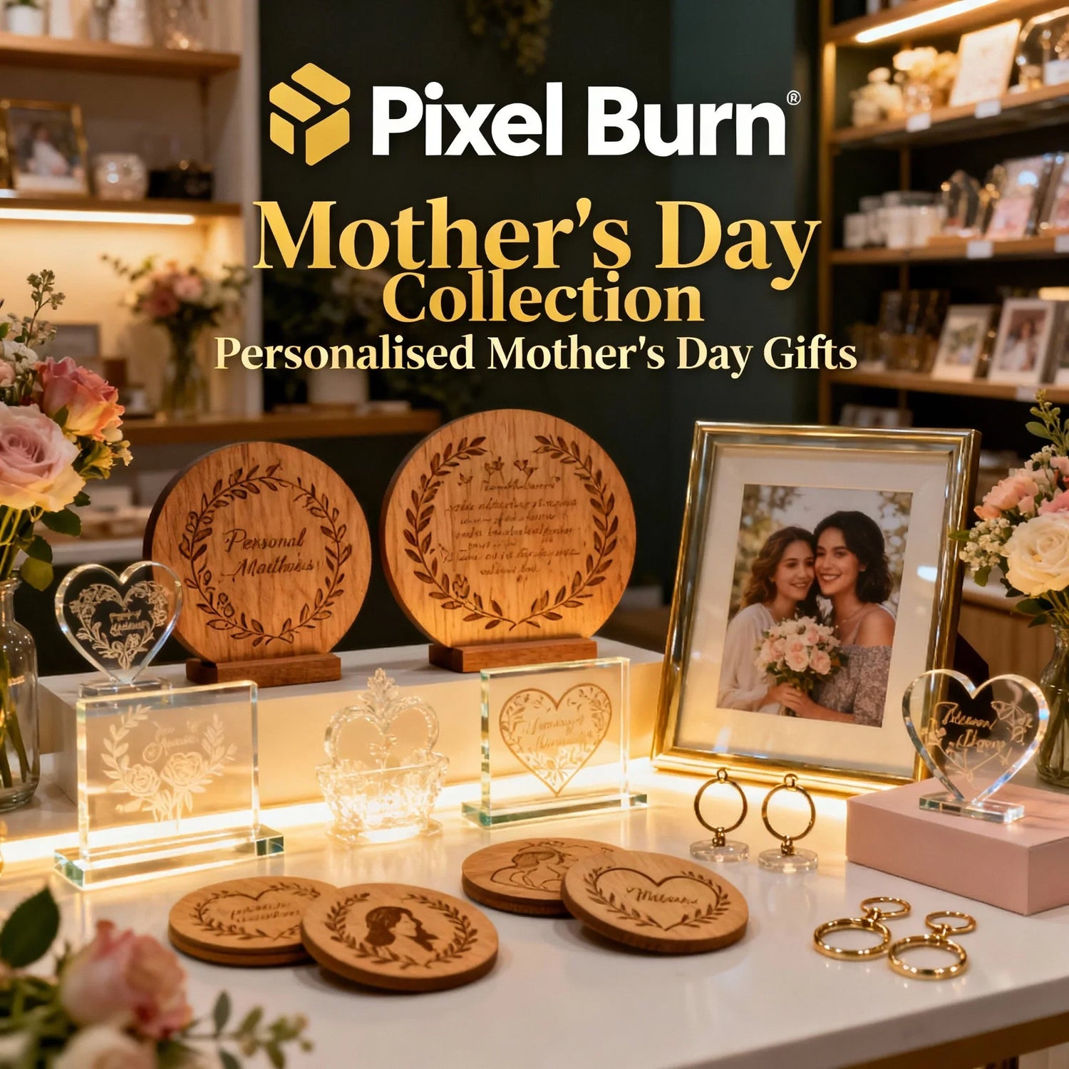 Personalized Mother's Day gifts display with engraved wood, glass plaques, flowers, framed photo