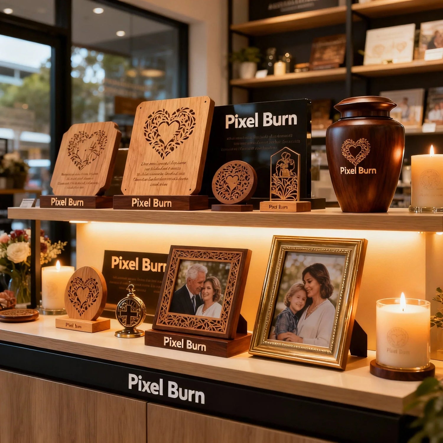 Memorial products display with personalized urns, engraved plaques, photo frames, and candles by Pixel Burn.