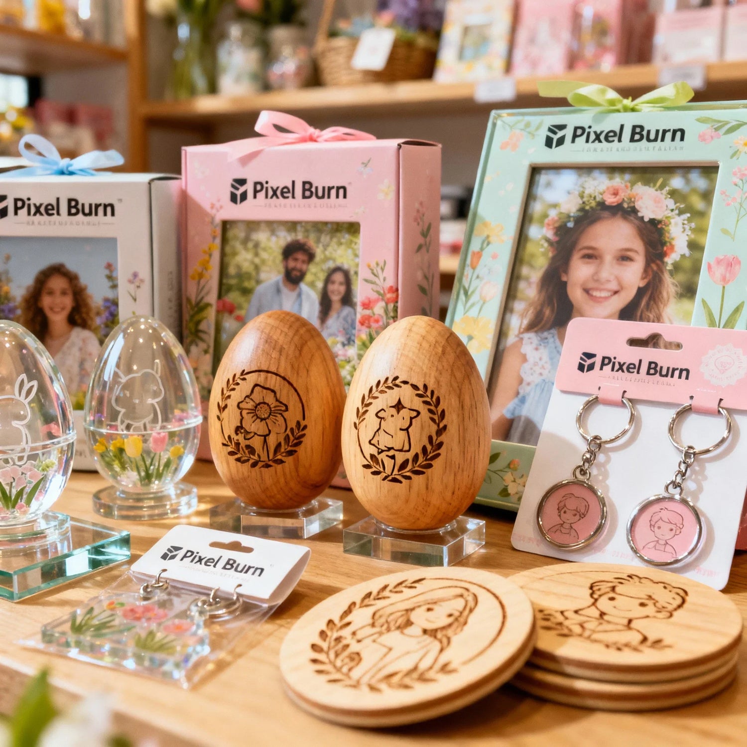 Pixel Burn wooden decor, engraved eggs, photo frames, and keychains on a gift shop display