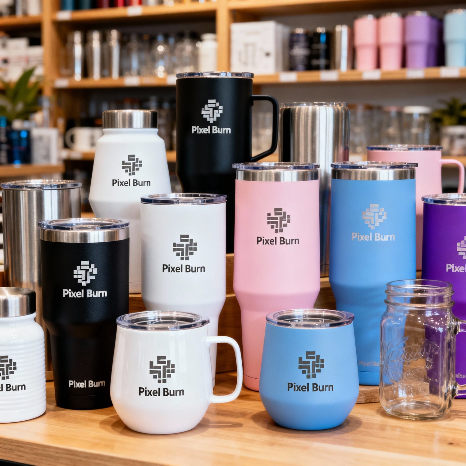 Custom tumblers with unique laser-engraved designs by Pixel Burn on black background