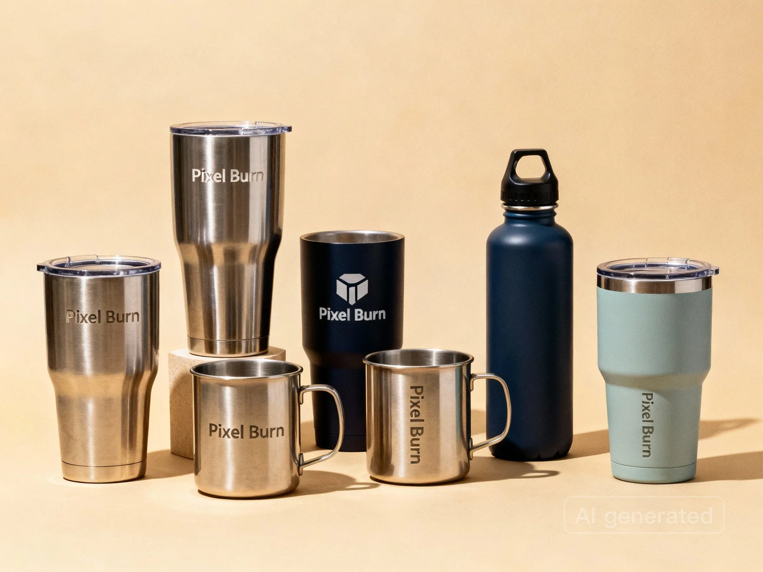 Assorted Pixel Burn branded stainless steel tumblers, mugs, and water bottle on beige background