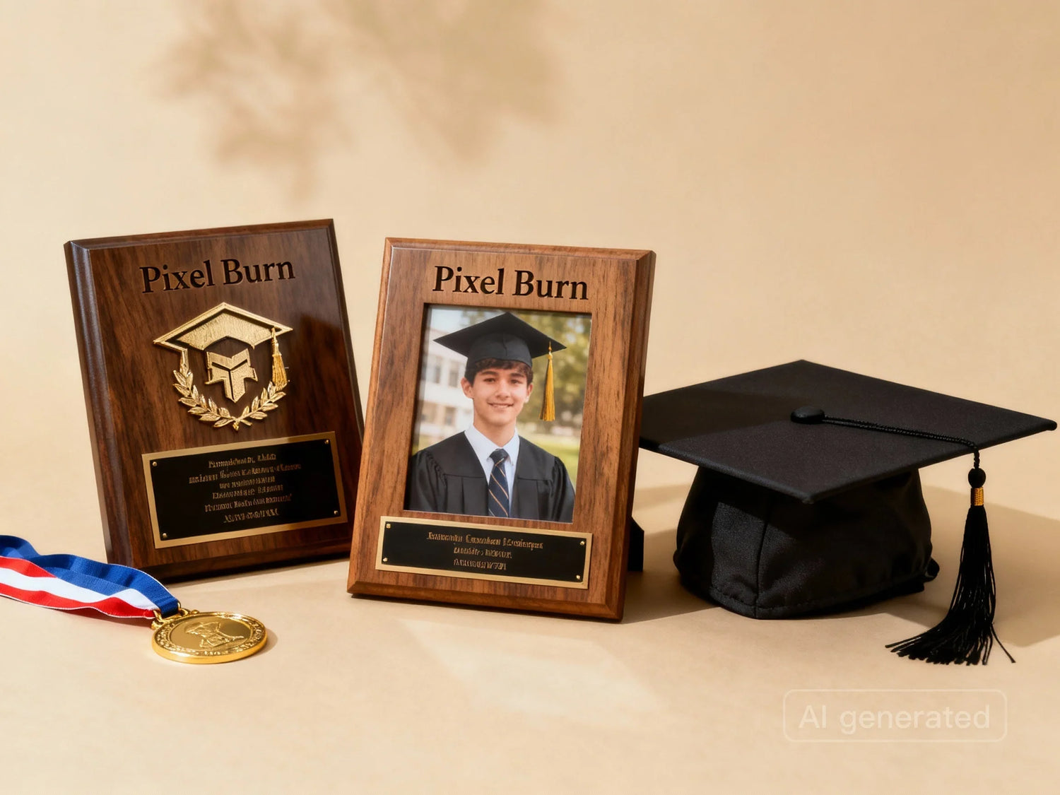 Graduation plaques, medal, and cap on neutral background for academic achievement awards