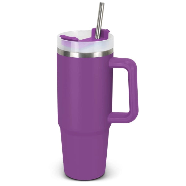 Purple tumbler with a handle and straw on a white background