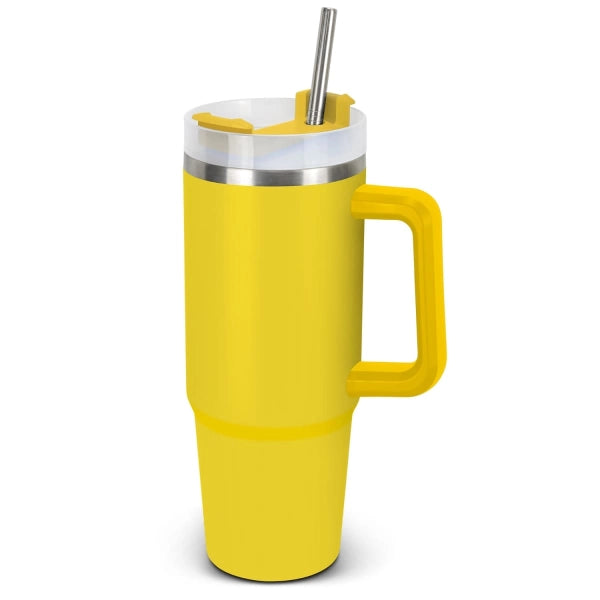 Yellow mug with a handle and metal straw on a white background
