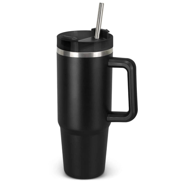 Black insulated mug with handle and metal straw on a white background