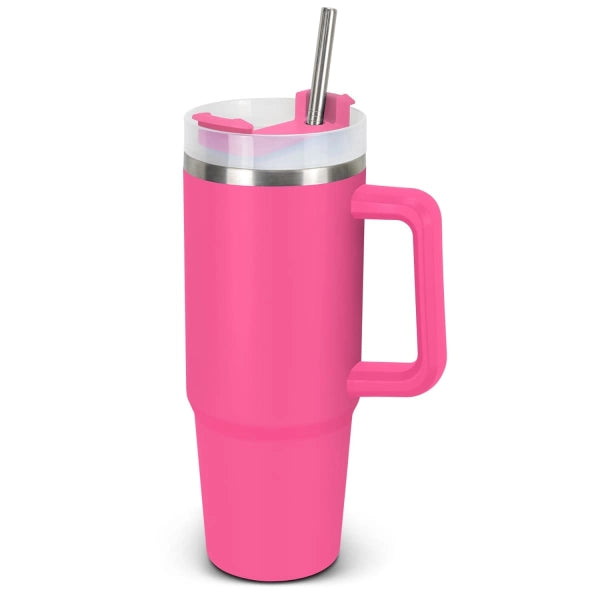Pink insulated tumbler with a handle and straw on a white background