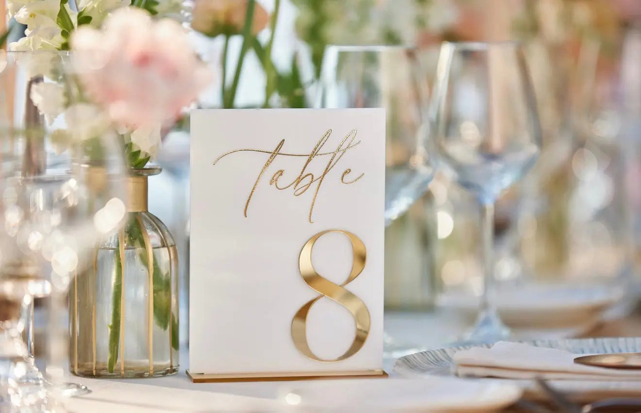 Modern Acrylic Table Numbers Gold Script Design – personalised engraved gift Australia