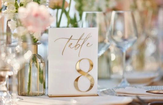 Modern Acrylic Table Numbers Gold Script Design – personalised engraved gift Australia
