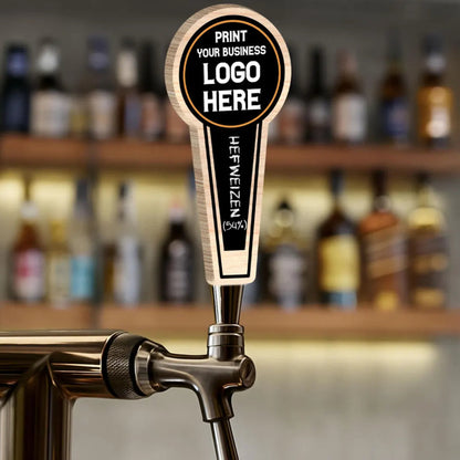 beer tap handle with 'Print Your Business Logo Here' text, set against a bar background.