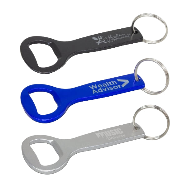 3 Black Blue and Silver Coloured Bottle Opener Key Rings with Laser Engraving