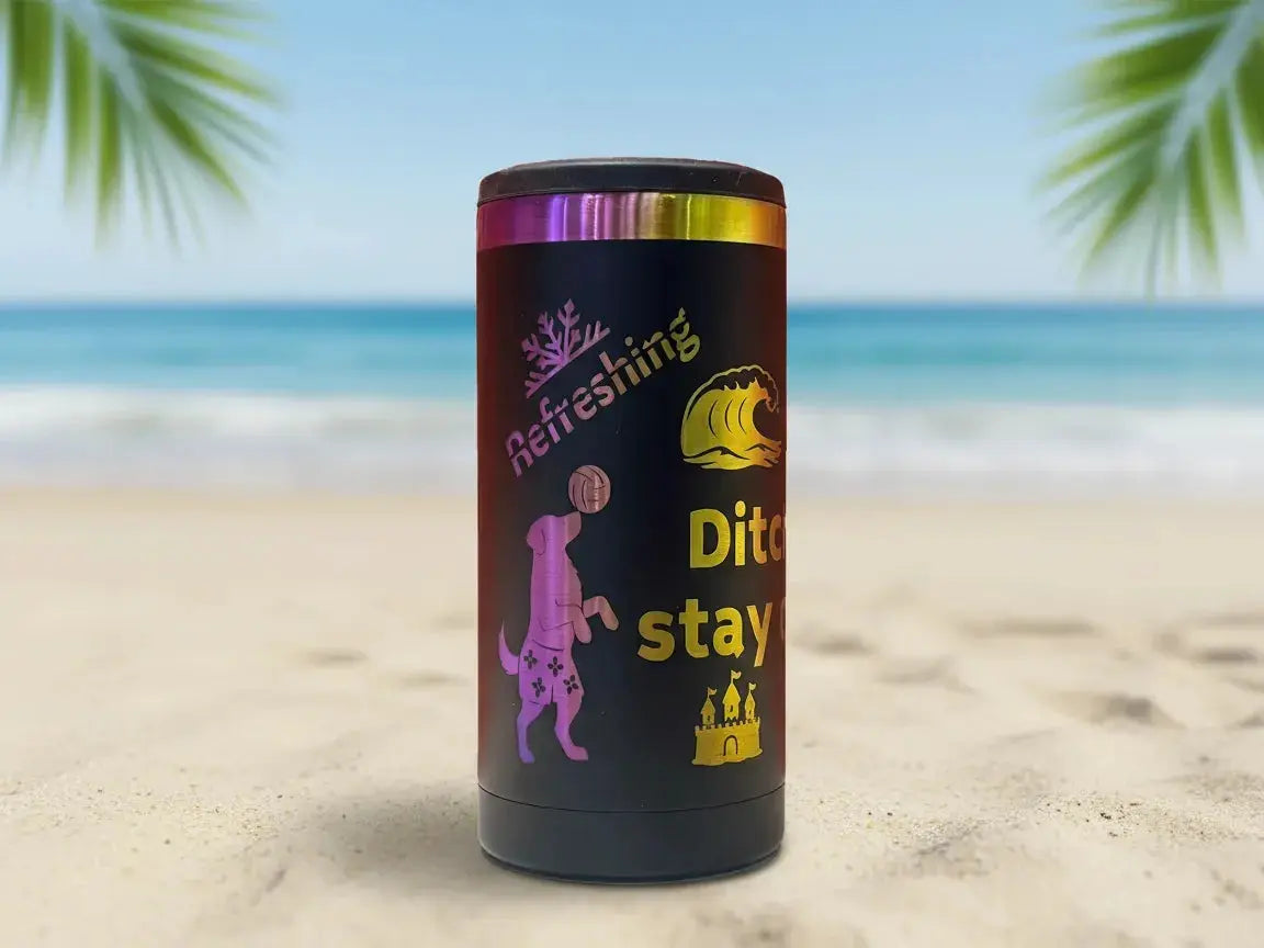 Tumbler with text and graphics on a beach background
