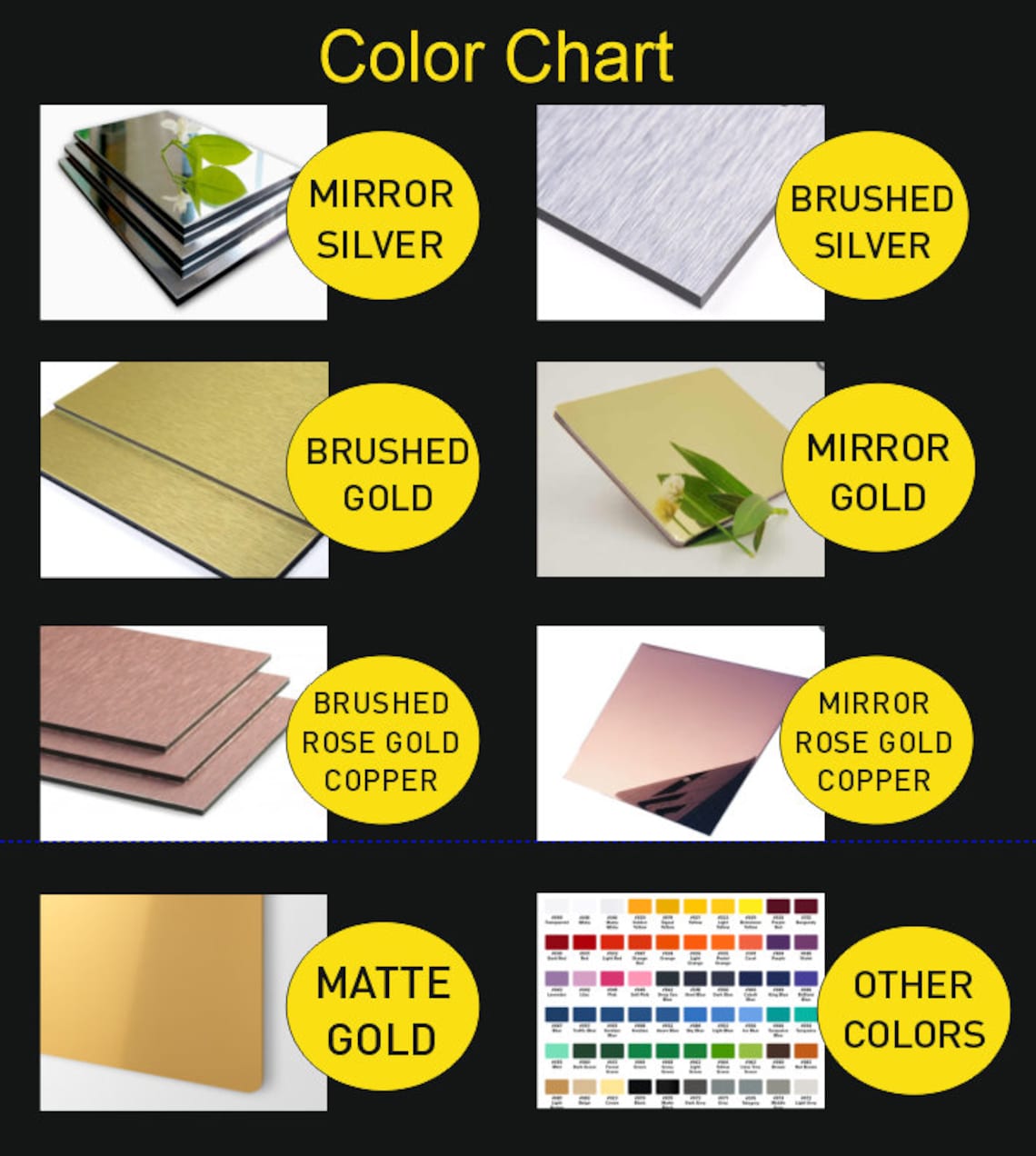 Color chart with various metal finishes and a color swatch on a black background