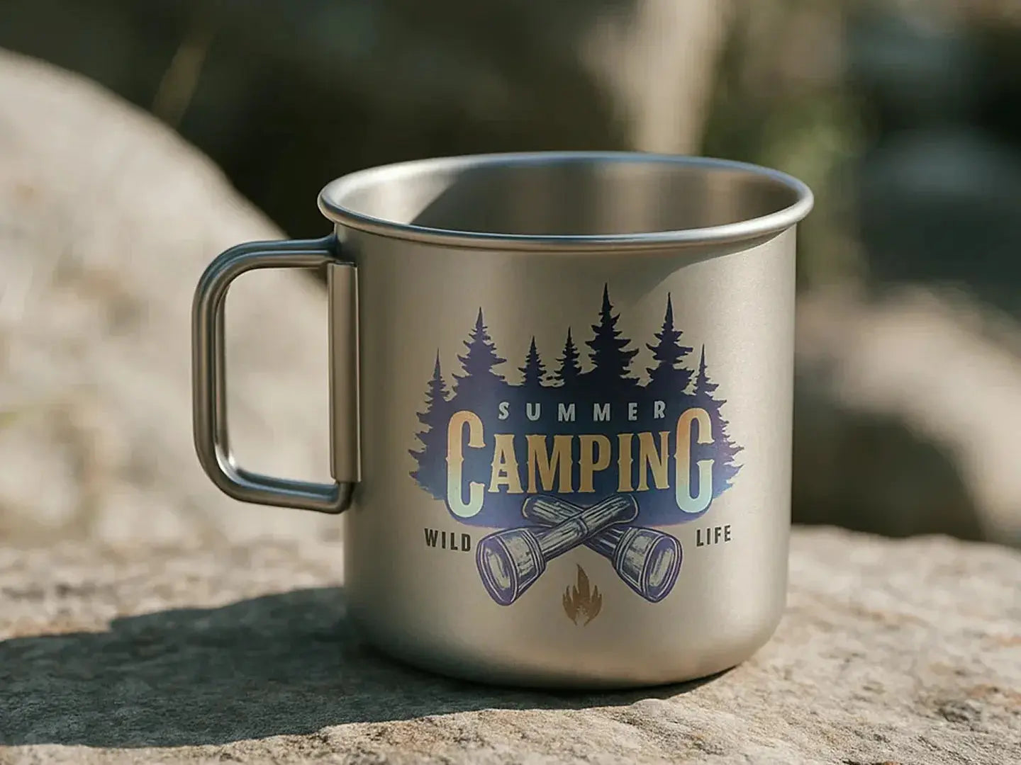 Camping-themed mug with 'Summer Camping' design on a rock surface