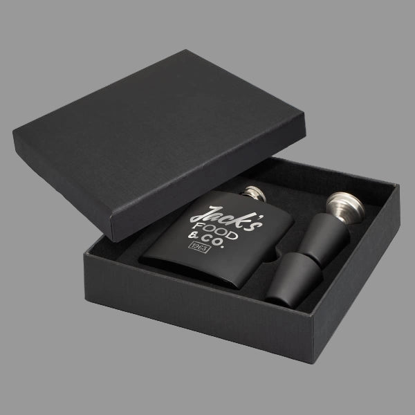 Black flask and black box with gift box 