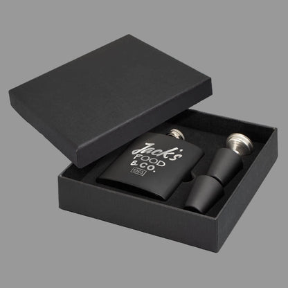 Black flask and black box with gift box 