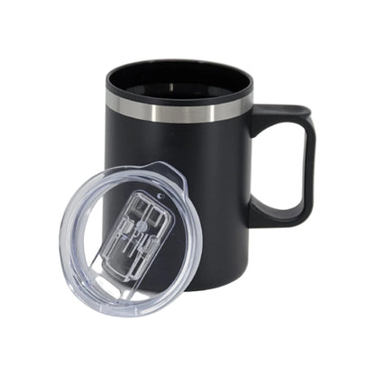 Black insulated mug with a clear lid on a white background