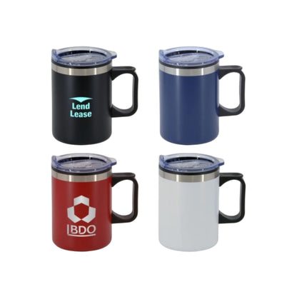 Four insulated travel mugs in black, blue, red, and white with visible branding on a white background.