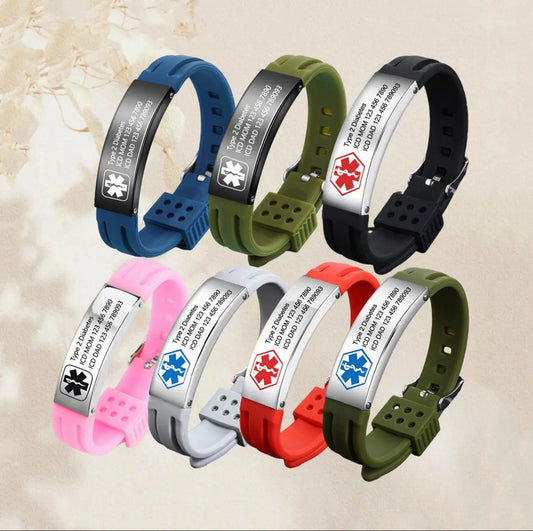 Custom Engraved Medical Alert ID Bracelet Silicone Band with Stainless Steel Plate – personalised engraved gift Australia