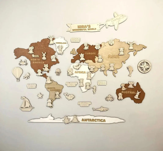 Personalised Wooden World Map with Animals – personalised engraved gift Australia