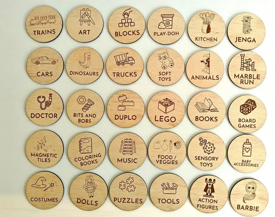 Wooden Toy Box Labels –Organisation Discs – personalised engraved gift Australia