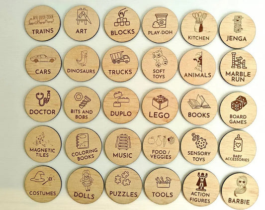 Wooden Toy Box Labels –Organisation Discs – personalised engraved gift Australia