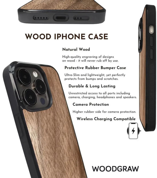 Natural wood iPhone case with black bumper, camera protection, wireless charging compatible.
