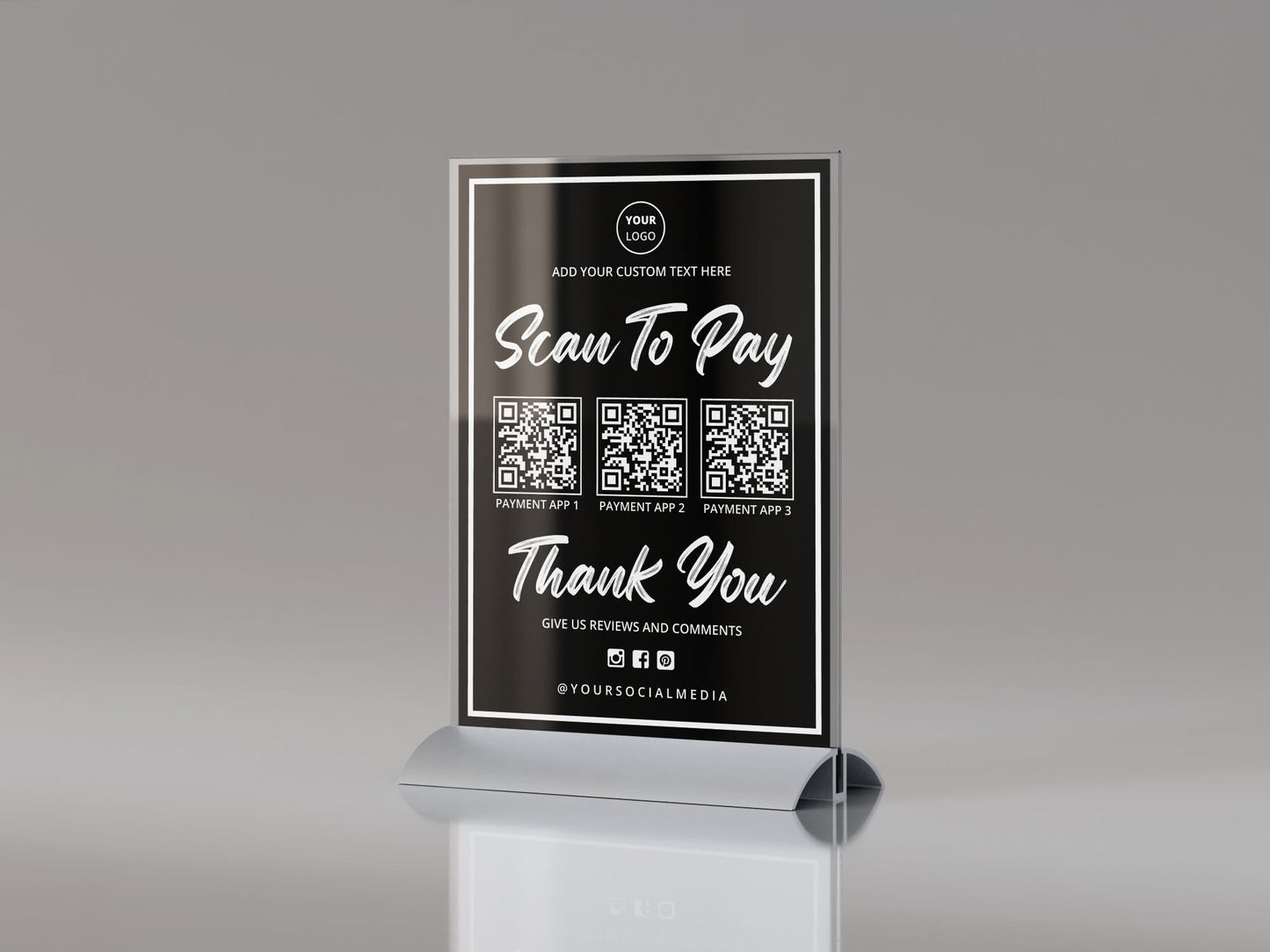 Digital display with QR codes and text on a gray background