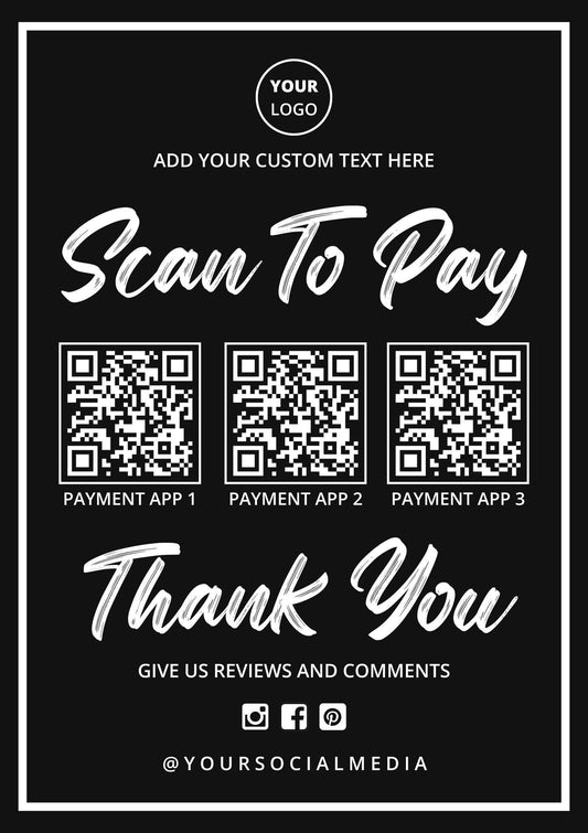 Placeholder design with QR codes and text for scan-to-pay system on a black background