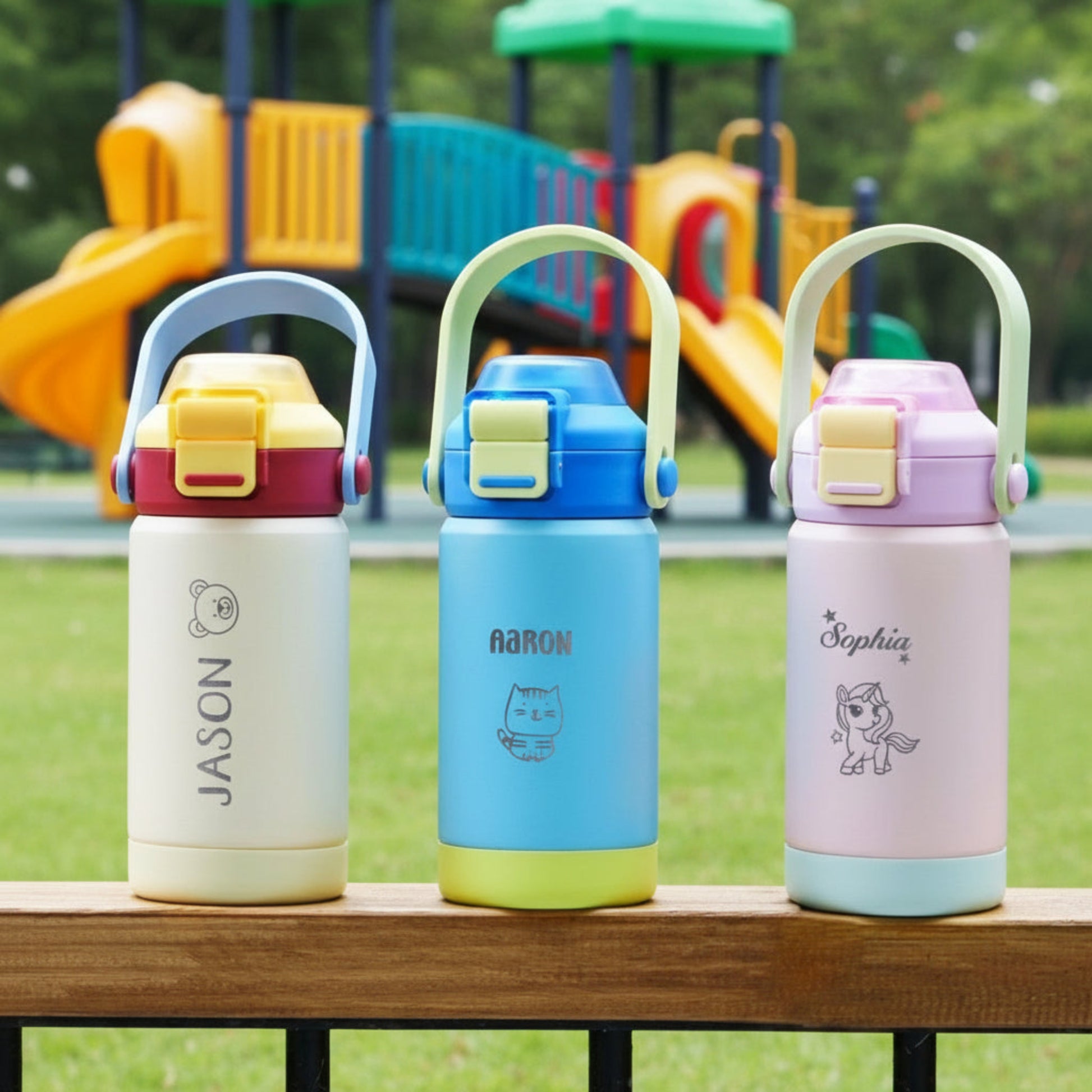 Three colorful water bottles with names 'Jason', 'Aaron', and 'Sophia' on a wooden surface with a green blurred background.