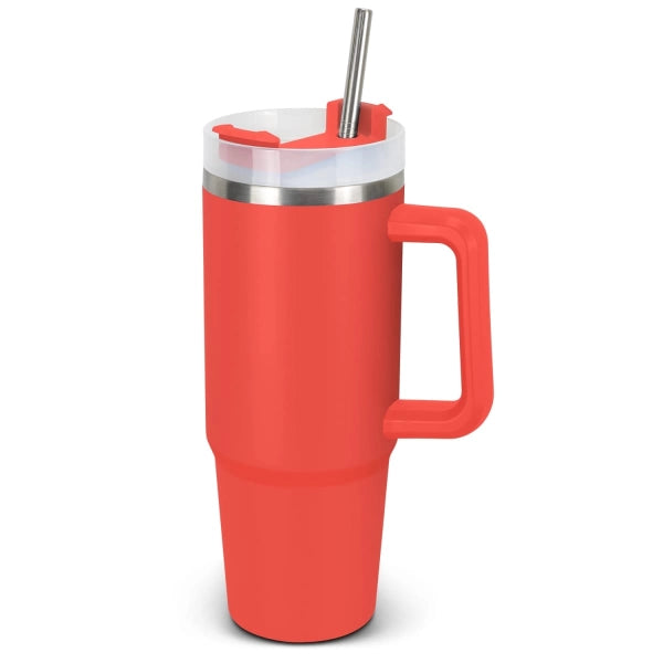 Red insulated tumbler with a handle and straw on a white background
