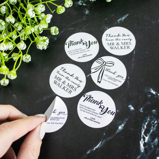 Laser Engraved Round Wedding & Thank You Sticker Sets – personalised engraved gift Australia