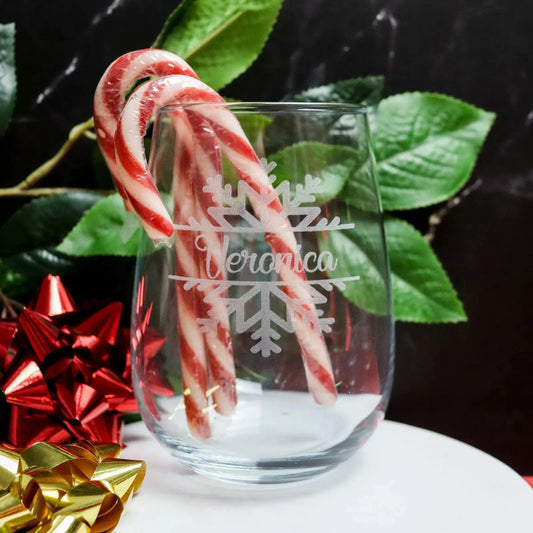 Snowflake Stemless Wine Glass Custom Lasered – personalised engraved gift Australia