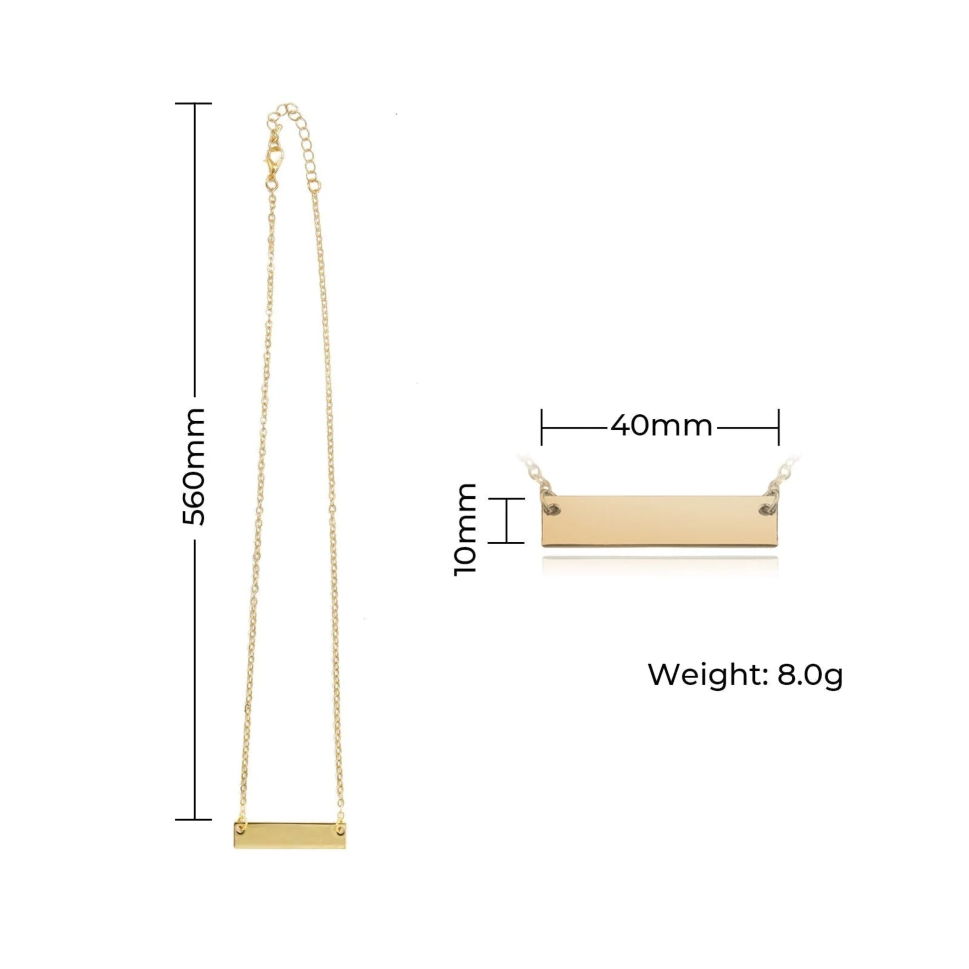 Gold necklace with measurements and weight displayed on a white background