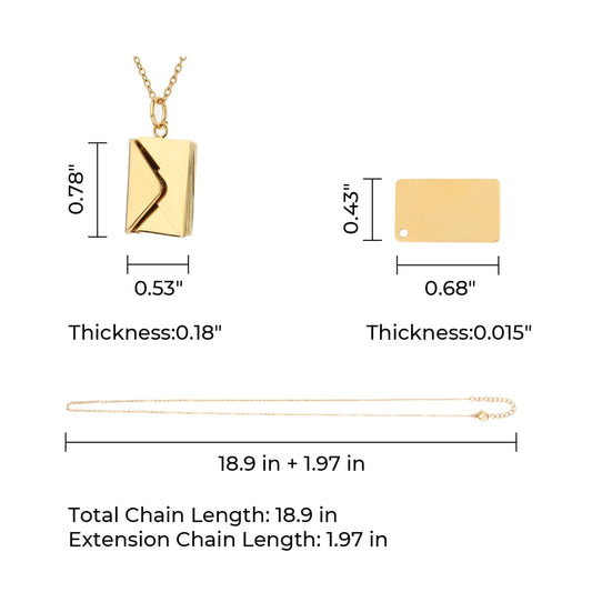 Gold necklace with measurements on a white background