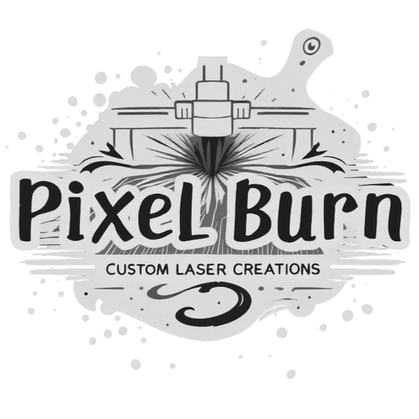 Logo for Pixel Burn Custom Laser Creations with a stylized laser cutter graphic.